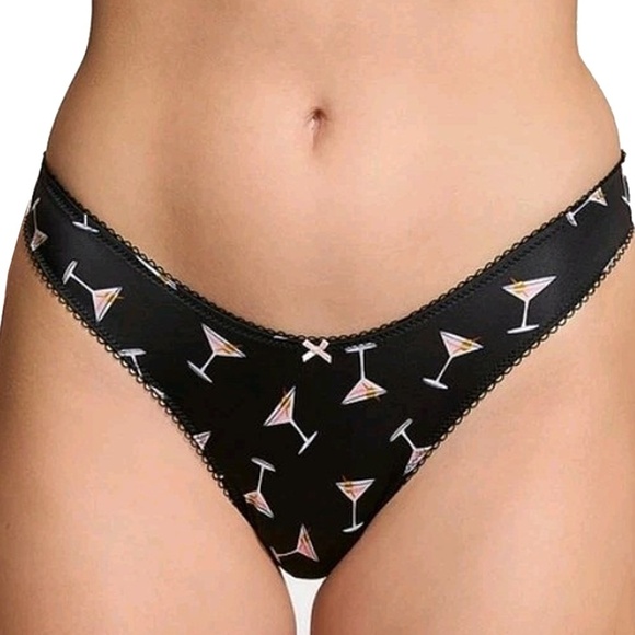 Victoria's Secret High-Leg Thong Panty Cocktail Martini Print Lacy Satin Bow Y2K - Picture 3 of 13
